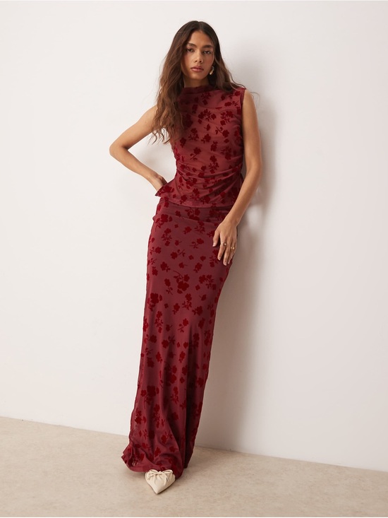 ASOS Dresses & Skirts - ASOS DESIGN ruched side high neck flocked mesh top and skirt set.